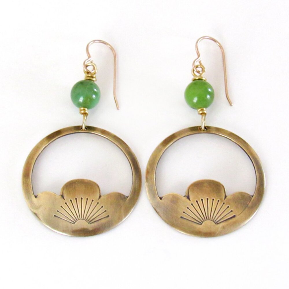 Handmade Gold Brass Lotus Flower Hoop Earrings with Green Jade Gemstones
